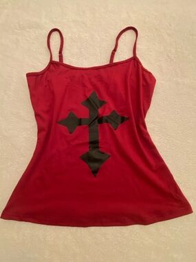 Red Spaghetti Strap Tank with Black Cross Graphic